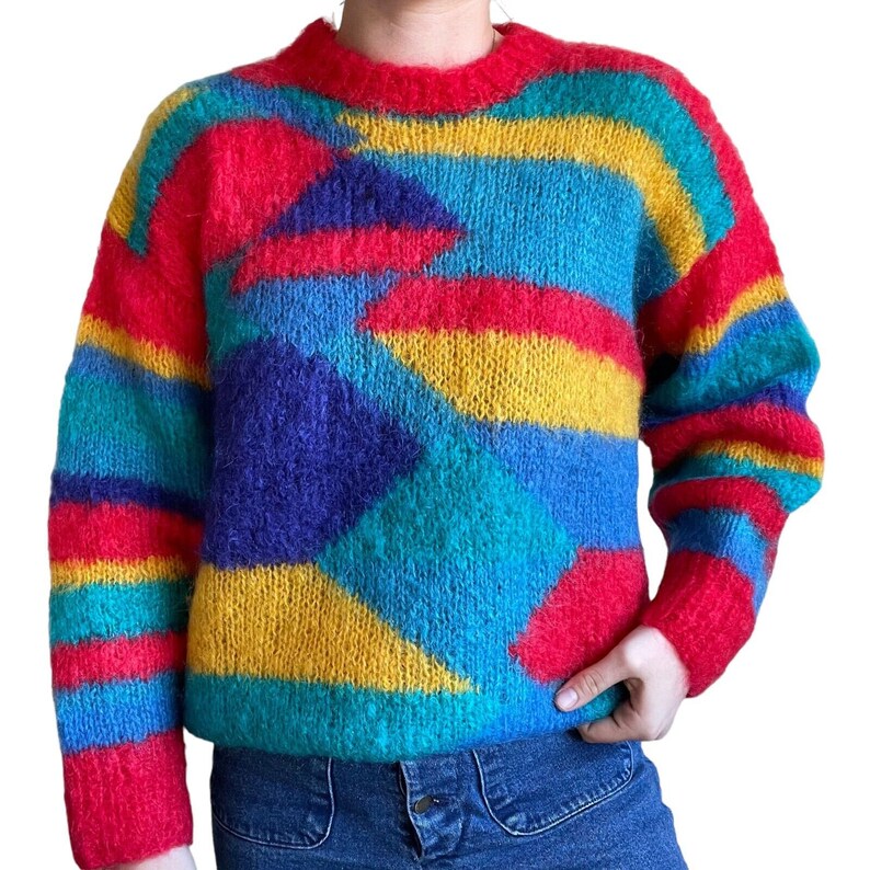 Vintage Womens Hand Knit Rainbow Mohair Fluffy Geometric Sweater Sz L image 10