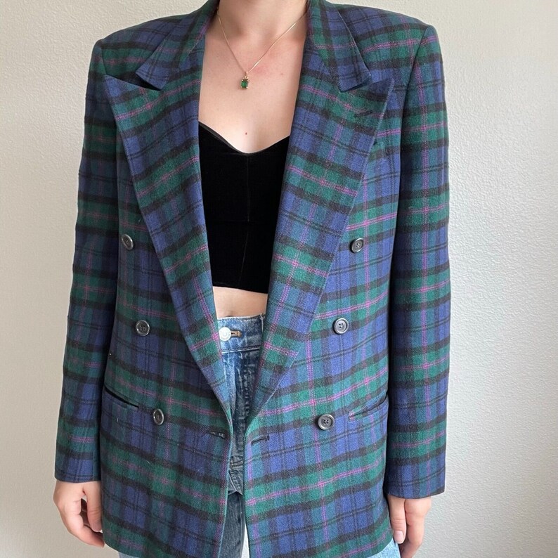 Vintage Womens 80s PBM Grunge Preppy Purple Green Camel Hair Double Breasted Blazer Plaid Sz M image 2