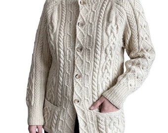 Vintage Hand Knit Womens White 100% Wool Fisherman Chunky Knit Cardigan Sz M