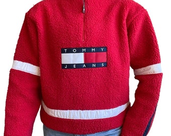 Vintage 90s Womens Tommy Hilfiger Red Retro Fleece Cropped Sweatshirt Sz L