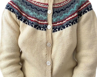 Vintage 1970s Womens Hand Knit 100% Wool Fair Isle Hippie Cardigan Sweater Sz M