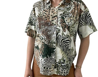 Vintage 90s Womens Big Cat Jungle Cotton Short Sleeve Button Down Blouse Sz M