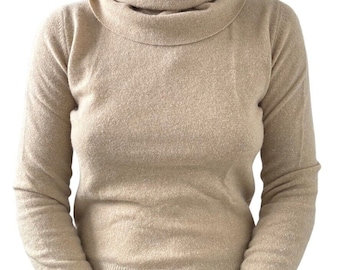 Vintage Womens Tan Lambswool Angora Blend Minimalist Turtleneck Sweater Sz M