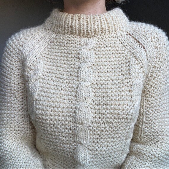 Vintage Women’s Hand Knit Cream White Wool Fisher… - image 5