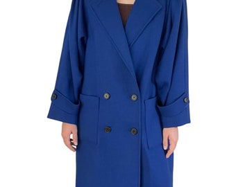 Vintage 1980s Womens International Scene Royal Blue Wool Long Trench Coat Sz L