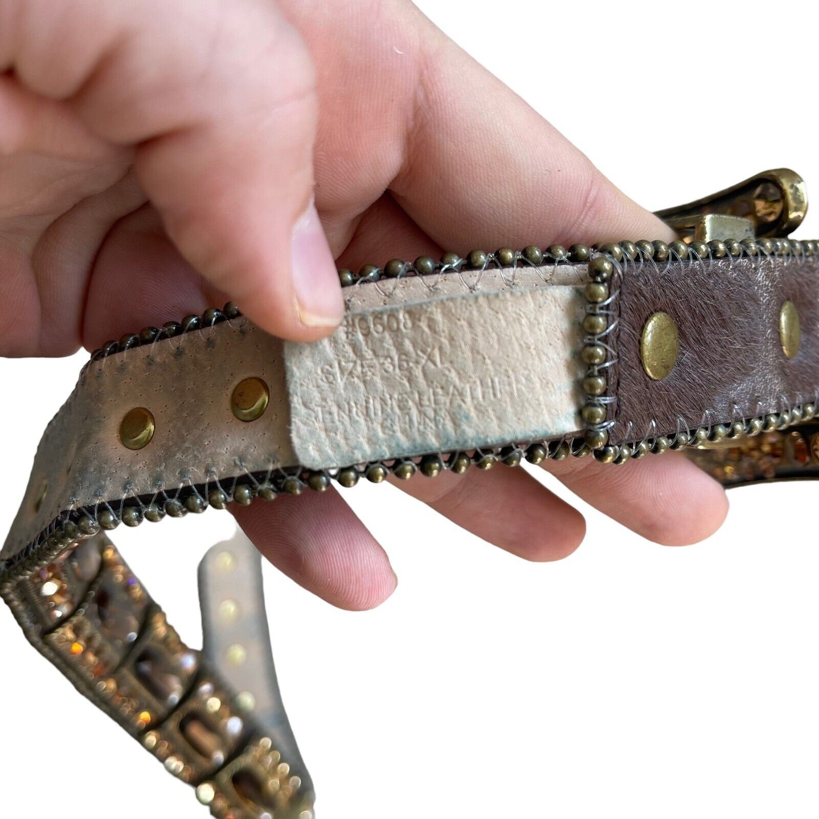 Womens Western Brown Gemstone Cowhide Sparkly Rodeo Cowgirl Leather Belt Sz XL Womens Western Brown Gemstone Cowhide Sparkly Rodeo Cowgirl  main image 2