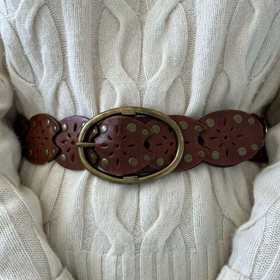 Vintage Y2K Womens Brown 100% Leather Floral Studded Hippie  display picture 3