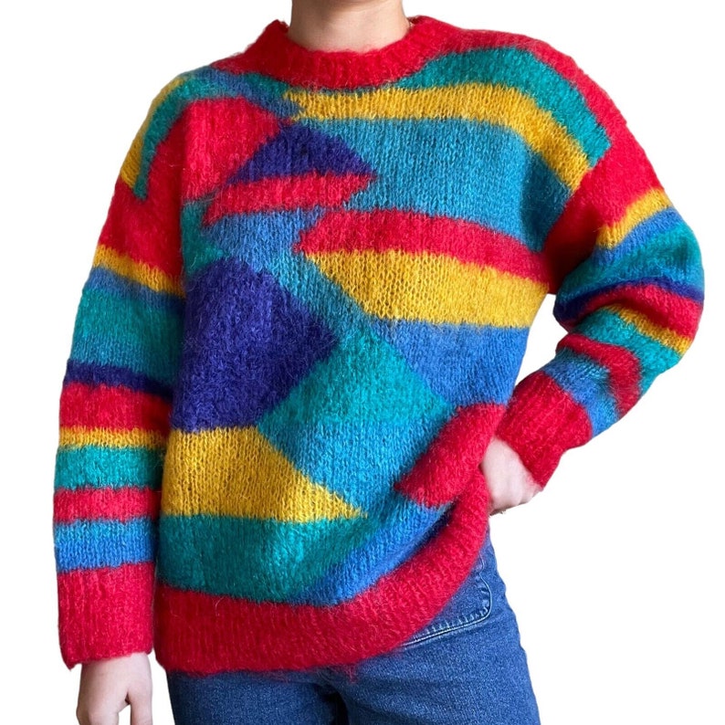 Vintage Womens Hand Knit Rainbow Mohair Fluffy Geometric Sweater Sz L image 4