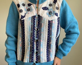 Vintage Womens Handmade Quilted Blue Floral Cottagecore Hippie Cardigan Sz M