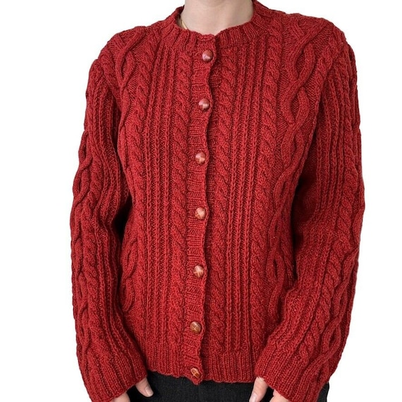 Vintage Womens Red Handknit 100% Wool Irish Cable… - image 1