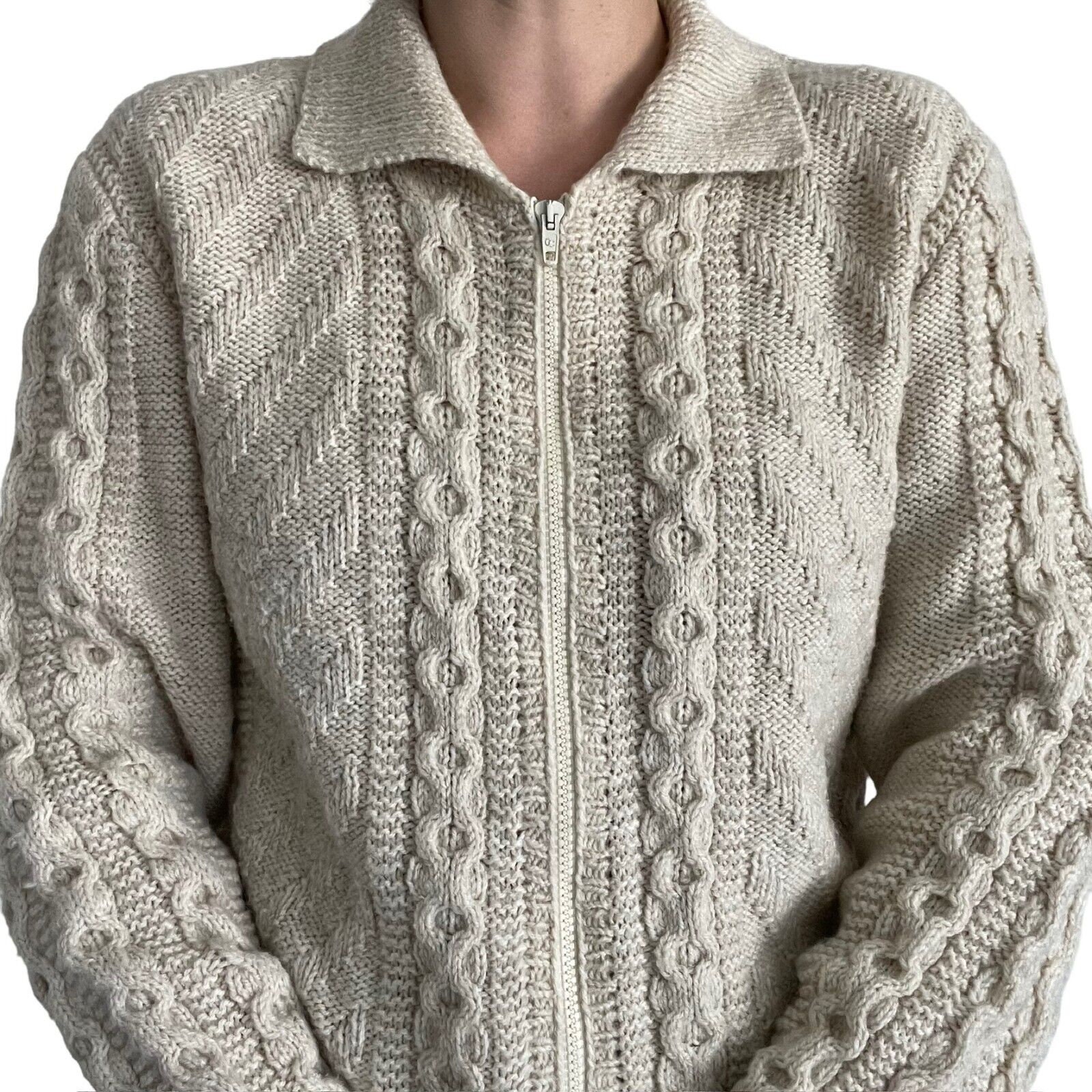 Vintage Womens Hand Knit Cream Wool Fisherman Cable Full Zip