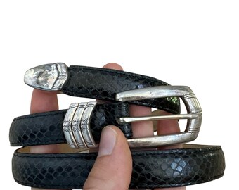 Vintage 1990s Brighton Womens Black Snake Embossed Leather Skinny Waist Belt M
