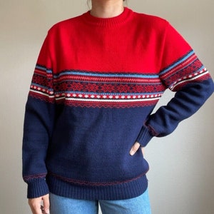 Vintage 90s David Gregg Fair Isle Red Blue Oversized Grandpa Sweater Sz L