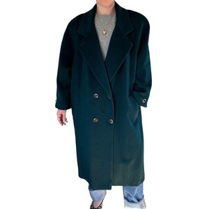 May include: A long, dark green wool coat with a double-breasted closure and two pockets. The coat has a classic, tailored fit.
