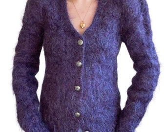 Vintage Hand Knit Womens Purple Fluffy Fuzzy Mohair Boho Cardigan Sweater Sz M