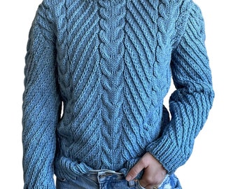 Hand Knit Womens Blue Cable Chunky Knit Fisherman Style Crewneck Sweater Sz M