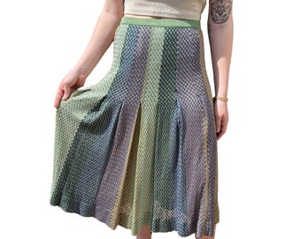 Vintage 1970s Womens Pleated Knit Sheer Midi Length High Waisted Boho Skirt Sz M