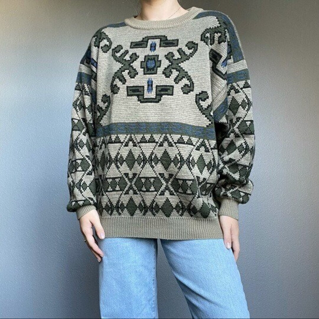 Vintage 80s Geometric Abstract Wool Cotton Crewneck Blue Green - Etsy