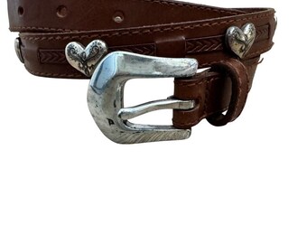 Vintage 1990s Fossil Brown Leather Silver Heart Studded Skinny Waist Belt Sz S