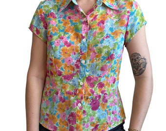 vintage 90s Emma James Multicolor Floral Sheer Lightweight Button Down Blouse