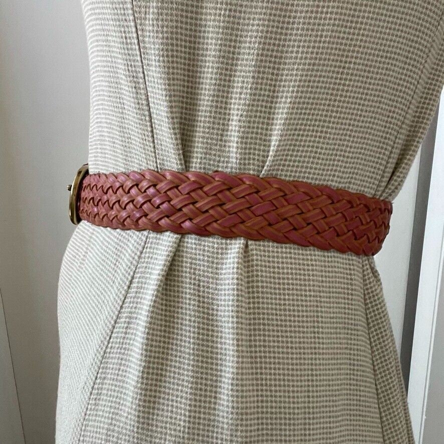 Vintage Womens Pink Leather Braided Solid Brass Buckle Western Hippy Belt Sz L Vintage Womens Pink Leather Braided Solid Brass Buckle  main image 3