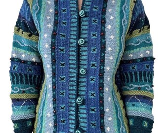 Orvis Womens Blue Green 100% Wool Chunky Hand Knit Cardigan Made in Nepal Sz M