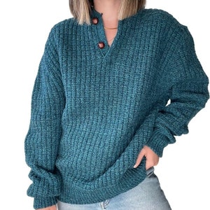 vintage années 1990 Teal Blue Wool Chunky Knit Henley Pull surdimensionné Sz L image 3