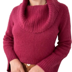Vintage 1990s Womens Berry Red Angora Fluffy Sexy Soft Cowl Neck Sweater Sz M image 1