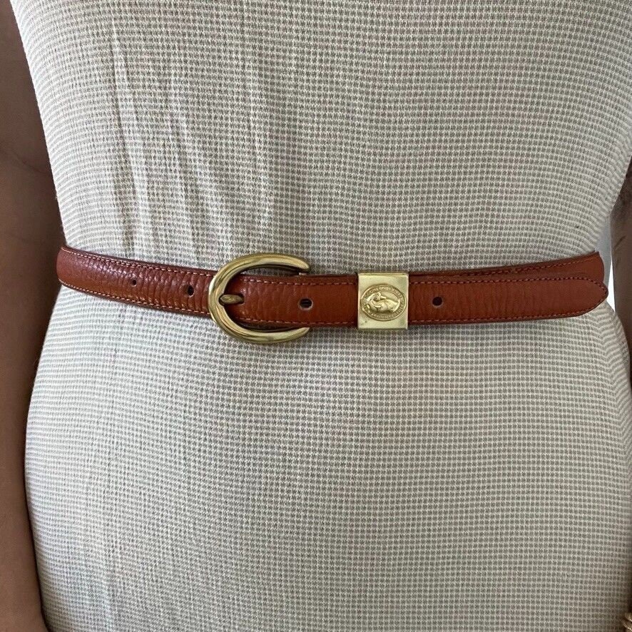 Vintage Dooney & Bourke Brown Leather Solid Brass Buckle Skinny Waist Belt Sz S 