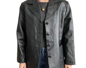 Vintage Unisex Womens 90s Black 100% Leather Matrix Oversized Blazer Jacket Sz L