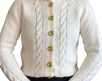 Vintage 80s Womens Hand Knit White Acrylic Chunky Cable Preppy Cardigan Sz M