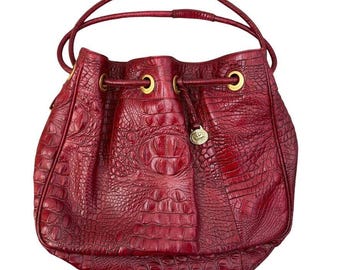 Brahmin Vintage Red Croc Embossed Leather Bucket Large Hobo Shoulder Bag Purse