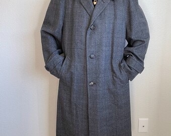 Vintage Mens 80s Gray 100% Wool Plaid Unstructured Long Trench Coat Sz L