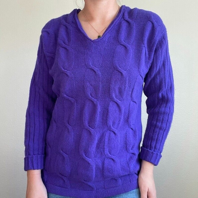 Vintage 90s The Limited Lambswool Angora Blend Purple Cable Sweater Sz M image 9