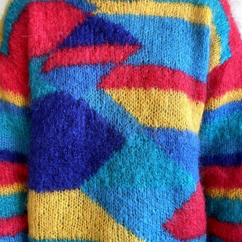 Vintage Womens Hand Knit Rainbow Mohair Fluffy Geometric Sweater Sz L image 2