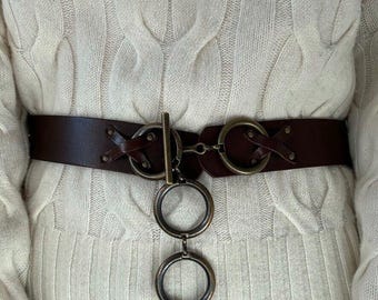 Vintage Isaiah Kincaid Hip Leather Belt With Brass Toggle and O’ ring Womens Med Isaiah Kincaid HEAVY Metal Silver Buckle 1990 Steampunk  main image 3