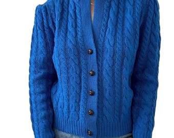 Vintage 1980s Susan Bristol Cobalt Blue 100% Wool Hand Knit Fisherman Cardigan
