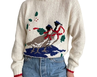 Vintage Studio 80s Womens Hand Knit Cotton Farm Duck Motif Sweater Sz S