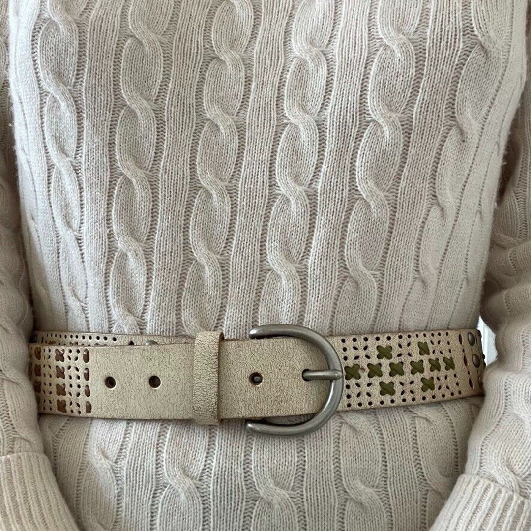 Fossil Womens Cream Leather Western Hippie Bohemian Studded 