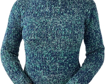 Vintage 1970s Womens Hand Knit Acrylic Mid Mod Navy Green Chunky Sweater Sz XS