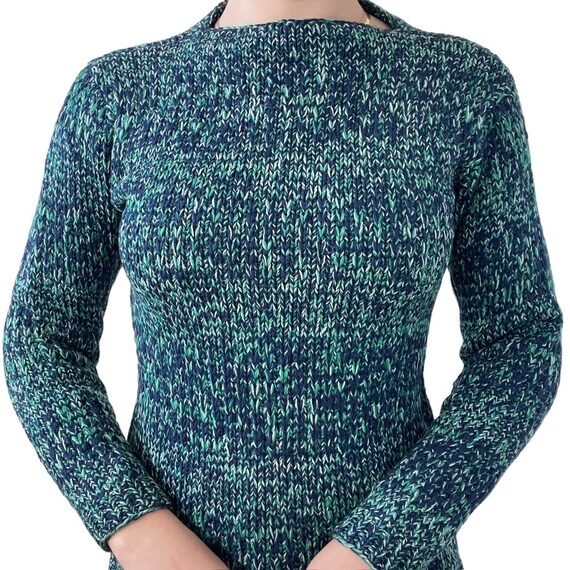 Vintage 1970s Womens Hand Knit Acrylic Mid Mod Navy Green Chunky