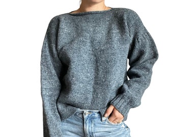 Vintage Womens Slate Blue 100% Wool Chunky Hand Knit Retro Sweater Sz L