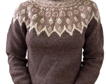 Vintage Womens Hand Knit 100% Wool Brown Fair Isle Scandinavian Sweater Sz M