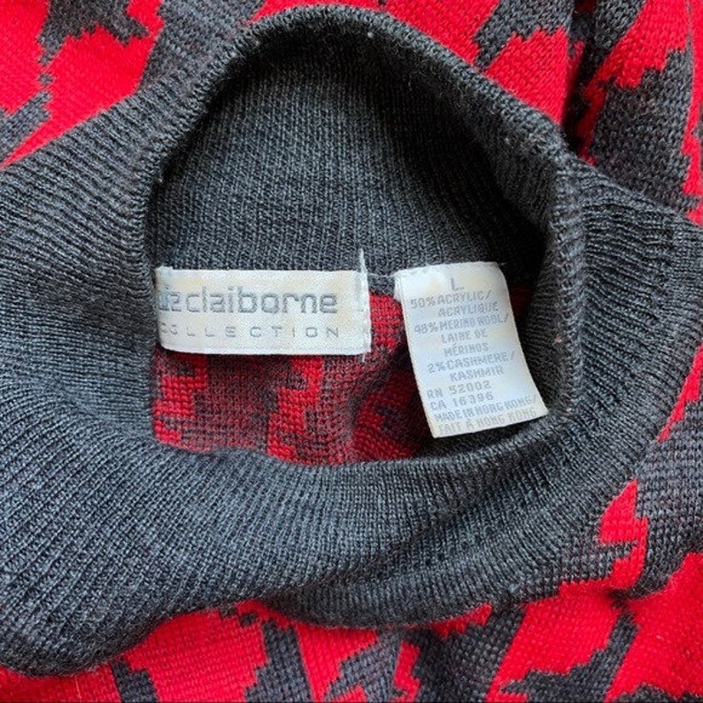 Vintage 90s Liz Claiborne Red Gray Houndstooth Wool Cashmere Blend Holiday Festive Christmas Mock Neck L image 10