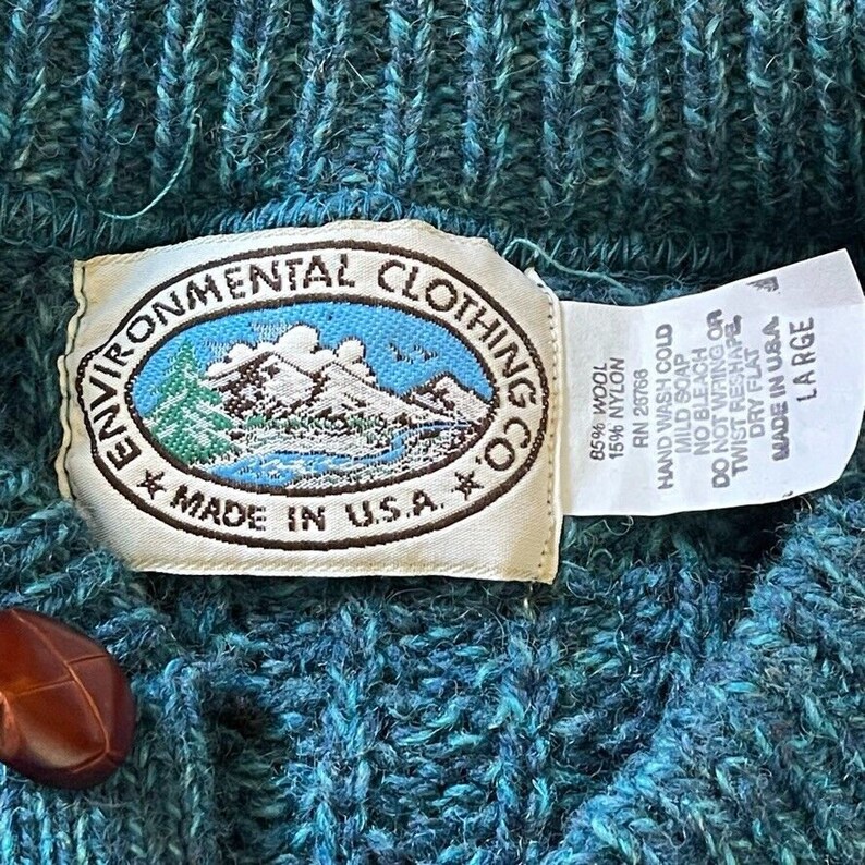 vintage années 1990 Teal Blue Wool Chunky Knit Henley Pull surdimensionné Sz L image 2