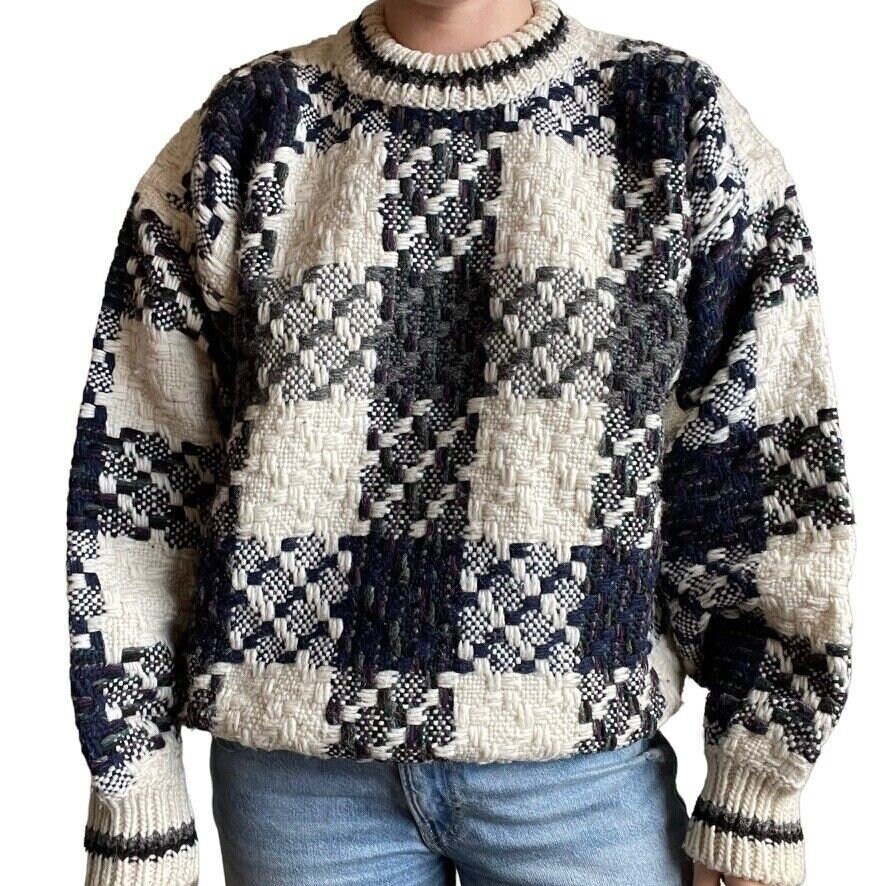 Vintage 90s Womens Hand Knit 100% Wool Chunky Plaid Sweater