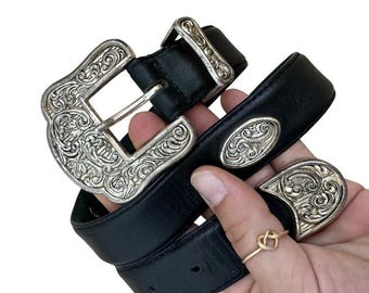 Vintage Donna Katz Black Leather Silver Studded Western Belt Sz S