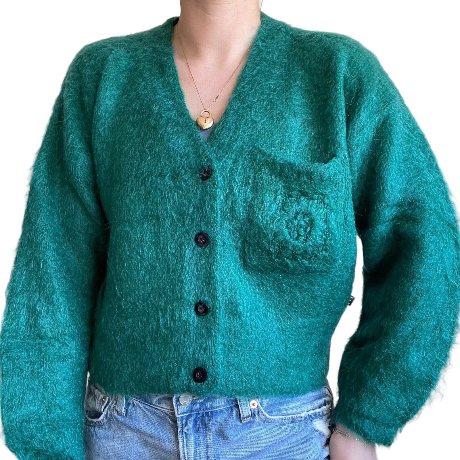 Vintage 80s Womens Esprit Emerald Green Mohair Fluffy Vintage 80s Womens Esprit Emerald Green Mohair Fluffy