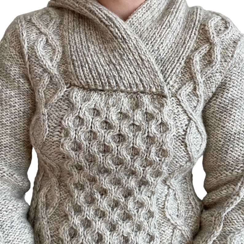 Vintage Womens Hand Knit Fisherman White Grey Chunky Wool Sweatshirt Sweater XS image 6
