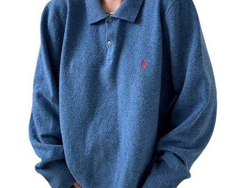 Vintage 1990s Polo Ralph Lauren Mens Blue 100% Lambs Wool Polo